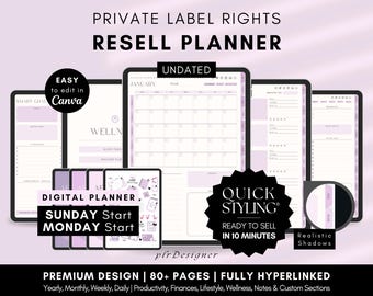 PLR Hyperlinked Digital Planner, Undated. Premium Design Aesthetic Lavender Lilac PLR Resell Planner Canva Template DFY Private Label Rights