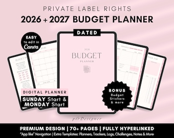 PLR Budget Planner Hyperlinked 2026 2027 PLR Digital Financial Planner, PLR Budget Canva Planner Template Editable, Digital Product Resell
