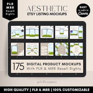 PLR MRR Digital Product Mockup Templates, Etsy Listing Canva Template, Aesthetic Beige Premium Design, PLR Mockups Bundle with Resell Rights
