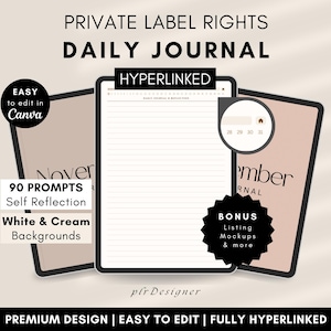 PLR Digital Daily Journal, Hyperlinked PLR Daily Journal Undated. Beige Daily PLR Canva Journal Template Resell Planner Private Label Rights