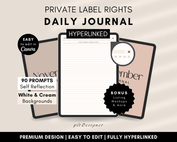 PLR Digital Daily Journal, Hyperlinked PLR Daily Journal Undated. Beige Daily PLR Canva Journal Template Resell Planner Private Label Rights