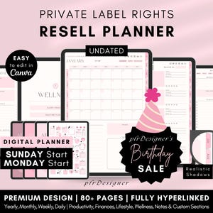PLR Digital Planner Sunday Start and Monday Start Aesthetic Premium Design Pink Pastels Canva Template to Resell with Private Label Rights