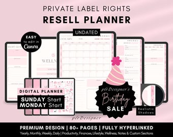 PLR Undated Digital Planner, Hyperlinked. Premium Design, Aesthetic Pink Pastels PLR Canva Template Resell Planner with Private Label Rights
