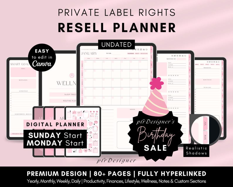 PLR Digital Planner Sunday Start and Monday Start Aesthetic Premium Design Pink Pastels Canva Template to Resell with Private Label Rights