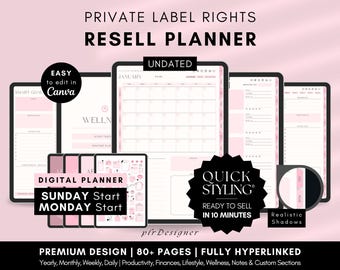 PLR Undated Digital Planner, Hyperlinked. Premium Design, Aesthetic Pink Pastels PLR Canva Template Resell Planner with Private Label Rights