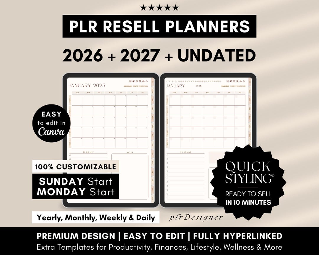 PLR Digital Planner 2026 2027 Undated, 2026 PLR Planner Canva DFY ...