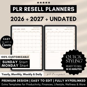 PLR Digital Planner 2026 2027 Undated, 2026 PLR Planner Canva DFY Digital Planner Plr Digital Product Plr Resell Digital Journal Hyperlinked