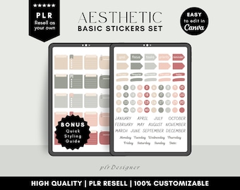 PLR Basic Digital Stickers Set PLR Canva Template, Aesthetic Design Customizable Goodnotes Sticker Sheet Editable PLR Stickers Resell Rights