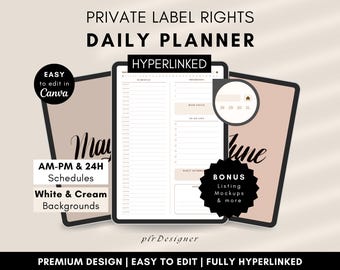 PLR Daily Planner Hyperlinked. PLR Daily Digital Planner Undated. Premium Beige Daily PLR Canva Template Resell Planner Private Label Rights