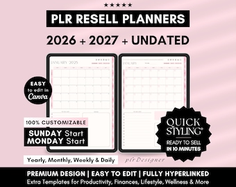 PLR Resell Planner 2026 2027 Undated PLR Canva Templates, DFY Planners, Plr Journals, Done For You Digital Planners Hyperlinked, White Label