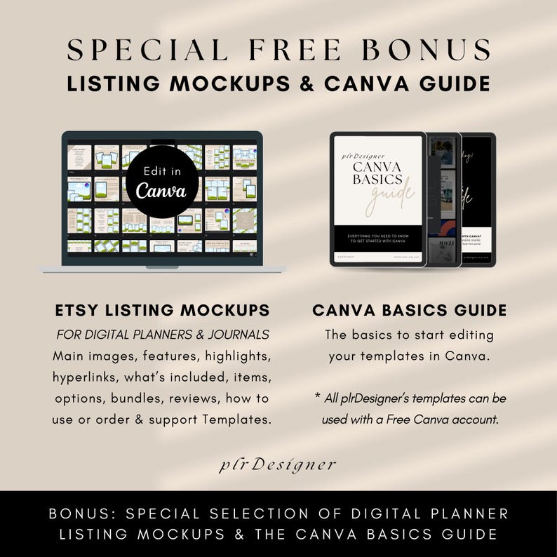 May include: A digital product listing mockup for Etsy, featuring a laptop screen displaying a grid of images. The text "Edit in Canva" is visible on the screen. The image also includes a Canva basics guide with the text "plrDesigner Canva Basics guide" and a description of the guide's contents.