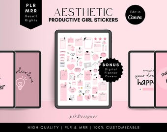 PLR Digital Stickers Productive Girl Design, Cropped PNGs, Editable Stickers Canva Template, PLR Digital Planner Stickers MRR Resell Rights