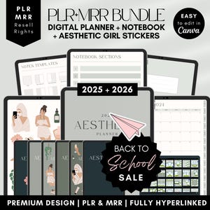 PLR Digital Planner Reseller Bundle: 2025 2026, Notebook, Stickers. Green Hyperlinked PLR Canva Templates. MRR Digital Planner Resell Rights