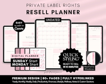 PLR Undated Digital Planner, Hyperlinked. Premium Design, Aesthetic Pink Pastels PLR Canva Template Resell Planner with Private Label Rights