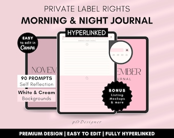 PLR Digital Morning Night Journal. PLR Daily Journal Hyperlinked, Undated. Pink Daily PLR Journal Canva Resell Planner Private Label Rights