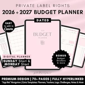 May include: A digital budget planner for 2026 and 2027 with a light pink cover and black text. The planner features a dated layout, 70 plus pages, and hyperlinked navigation. It includes a monthly budget, savings jar, and tracker templates.