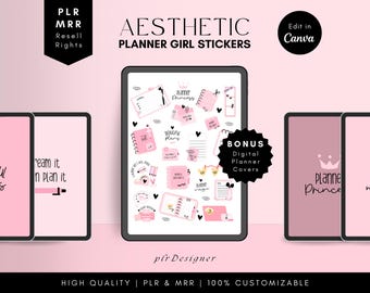 MRR PLR Digital Stickers Planner Girl Design, Cropped PNGs, Customizable Stickers Canva Template, PLR Digital Planner Stickers Resell Rights