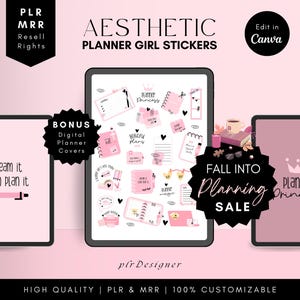 MRR PLR Digitale Aufkleber Planer Girl Design, zugeschnittene PNGs, anpassbare Aufkleber Canva Vorlage, PLR digitale Planeraufkleber Wiederverkaufsrechte