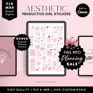 PLR Digitale Aufkleber Produktives Mädchendesign, zugeschnittene PNGs, bearbeitbare Aufkleber Canva-Vorlage, PLR digitale Aufkleber MRR Wiederverkaufsrechte
