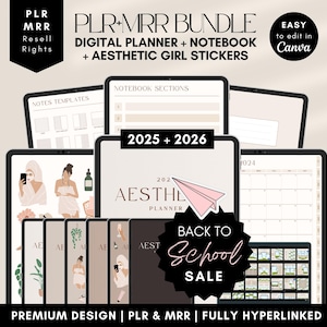 PLR Resell Digital Planner Bundle: 2025 2026, Notebook, Stickers. Beige Hyperlinked PLR Canva Templates. MRR Digital Planner Reseller Rights