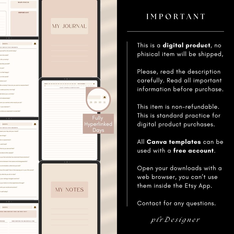 PLR Digital Daily Journal, Hyperlinked PLR Daily Journal Undated. Beige Daily PLR Canva Journal Template Resell Planner Private Label Rights image 7