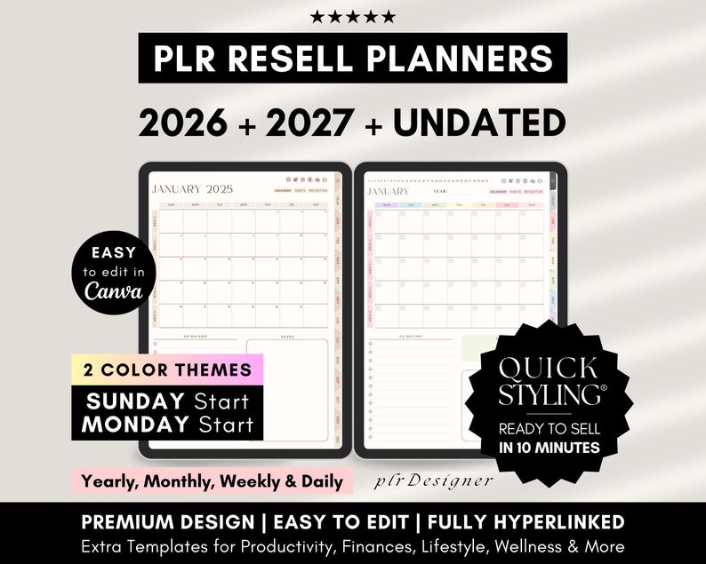 PLR Planner 2026 2027 & Undated PLR Canva Templates, DFY Planner, Plr Planner Hyperlinked, Plr Journal, Resell Planners Private Label Rights, PLR Digital Planner 2026 2027 Undated, DFY Digital Planner PLR Digital Calendar with Hyperlinks, 2026 PLR