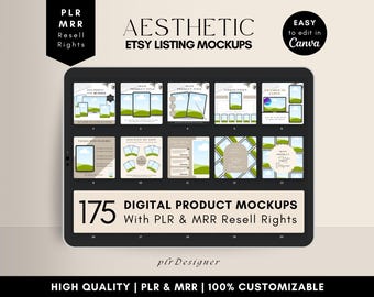 PLR MRR Digital Product Mockup Templates, Etsy Listing Canva Template, Aesthetic Beige Premium Design, PLR Mockups Bundle with Resell Rights