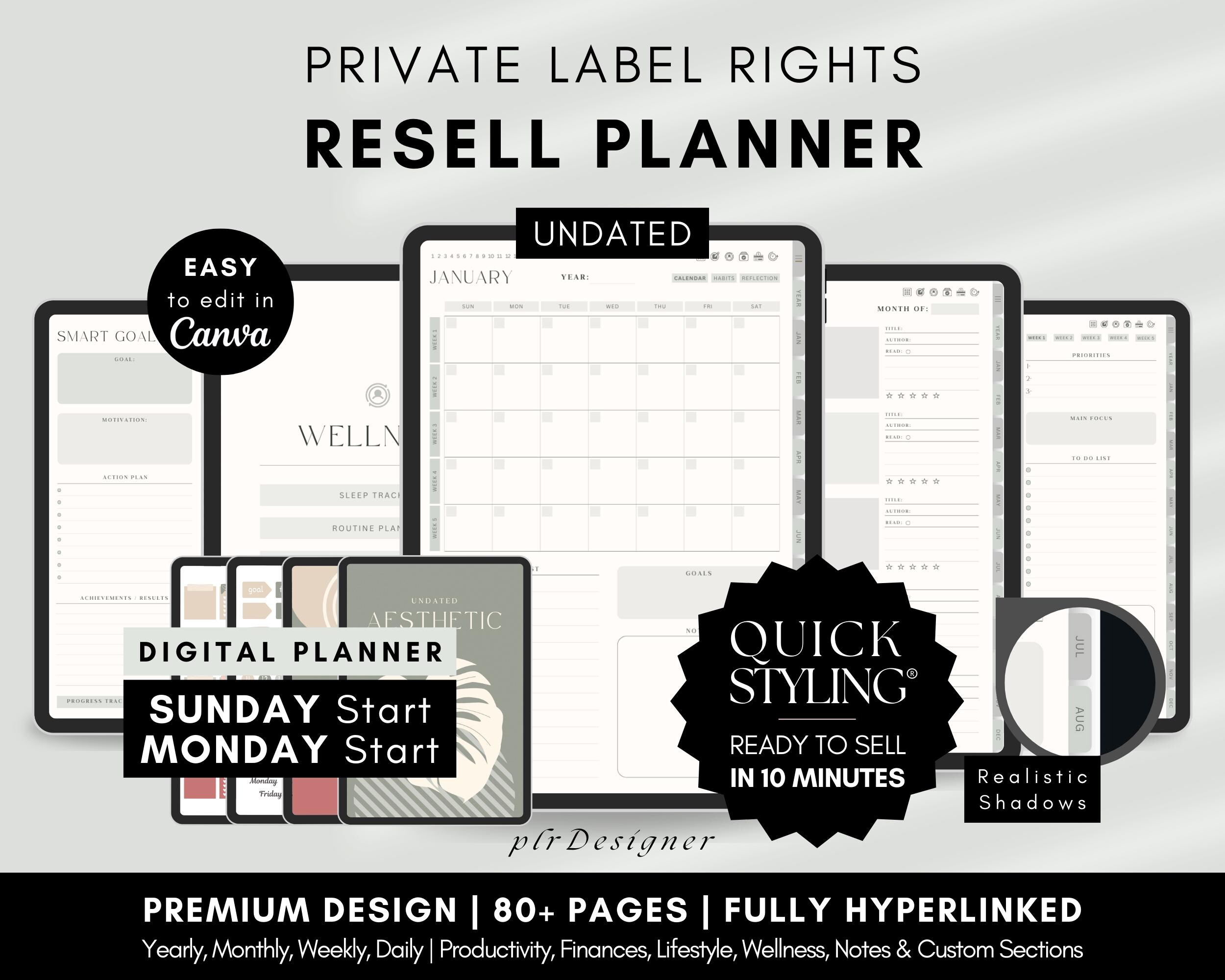 PLR Digital Planner Hyperlinked, Undated. Premium Design, Aesthetic Green Grey PLR Canva Planner Template Resell with Private Label Rights