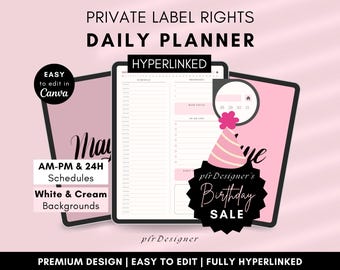 PLR Digital Daily Planner, Hyperlinked. PLR Daily Planner Undated. Premium Pink Daily PLR Canva Planner Template Resell Private Label Rights