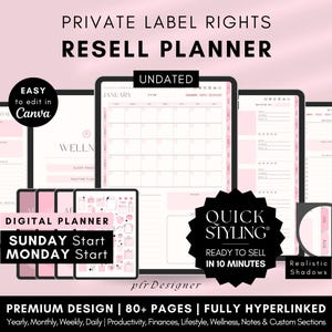 PLR Undated Digital Planner, Hyperlinked. Premium Design, Aesthetic Pink Pastels PLR Canva Template Resell Planner with Private Label Rights