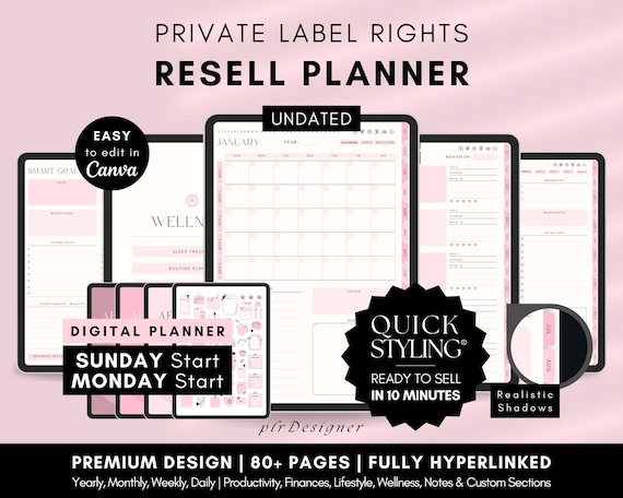 PLR Undated Digital Planner, Hyperlinked. Premium Design, Aesthetic Pink Pastels PLR Canva Template Resell Planner with Private Label Rights