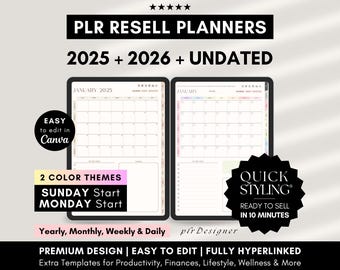 PLR Planner 2025 2026 & Undated PLR Canva Templates, DFY Planner, Plr Planner Hyperlinked, Plr Journal, Resell Planners Private Label Rights
