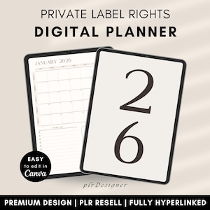 May include: Two digital planners are displayed, one showing a January 2026 calendar and the other with the numbers 2 and 6. The text reads "PRIVATE LABEL RIGHTS DIGITAL PLANNER" and "EASY to edit in Canva". The bottom banner says "PREMIUM DESIGN | PLR RESELL | FULLY HYPERLINKED".