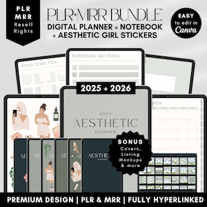 PLR Digital Planner Reseller Bundle: 2025 2026, Notebook, Stickers. Green Hyperlinked PLR Canva Templates. MRR Digital Planner Resell Rights