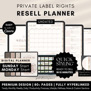 PLR Digital Planner Undated, Hyperlinked. Premium Design, Aesthetic Beige Brown PLR Canva Template Resell Planner with Private Label Rights