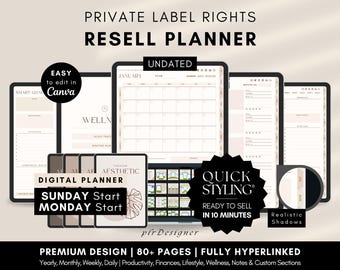 PLR Digital Planner Undated, Hyperlinked. Premium Design, Aesthetic Beige Brown PLR Canva Template Resell Planner with Private Label Rights