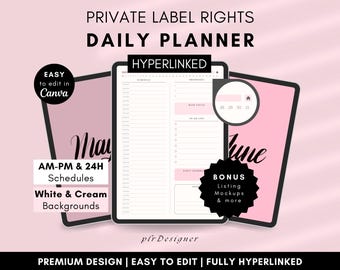 PLR Digital Daily Planner, Hyperlinked. PLR Daily Planner Undated. Premium Pink Daily PLR Canva Planner Template Resell Private Label Rights