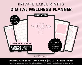 PLR Wellness Planner Undated Hyperlinked PLR Self-Care Journal, Wellness PLR Digital Planner Canva Template Editable Digital Product Resell