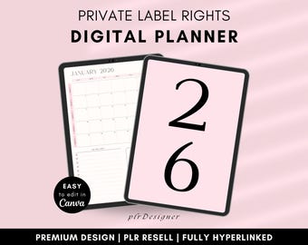 DFY PLR Digital Planner 2026 Resell, Premium Aesthetic Design Pastel Pink Canva Template, Hyperlinked Planner Goodnotes PLR Digital Stickers