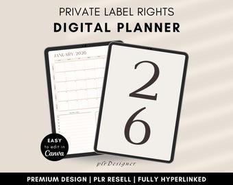 DFY PLR Digital Planner 2026 Resell, Premium Aesthetic Design Beige Brown Canva Template, Ultimate Planner Goodnotes PLR Digital Stickers