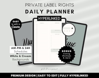 PLR Daily Planner Hyperlinked. PLR Digital Daily Planner Undated. Premium Green Daily PLR Canva Planner Template Resell Private Label Rights