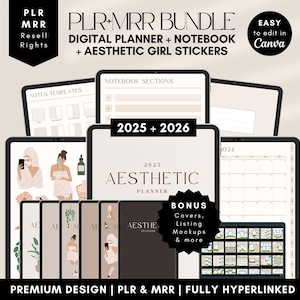 PLR Resell Digital Planner Bundle: 2025 2026, Notebook, Stickers. Beige Hyperlinked PLR Canva Templates. MRR Digital Planner Reseller Rights