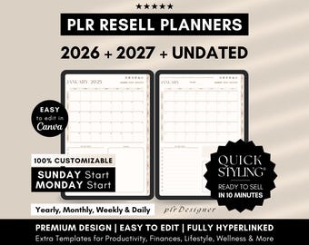 PLR Digital Planner 2026 2027 Undated, 2026 PLR Planner Canva DFY Digital Planner Plr Digital Product Plr Resell Digital Journal Hyperlinked