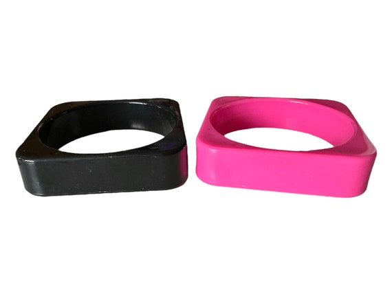 Pair of Vintage 1980s Black & Neon Pink Chunky Sq… - image 2