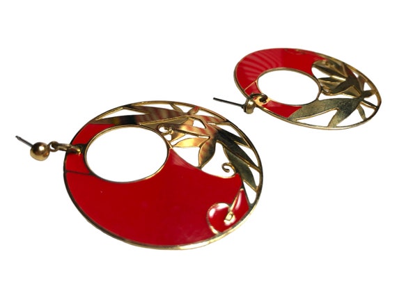 Vintage 1980s Red & Brass Enameled Dangle Earring… - image 3