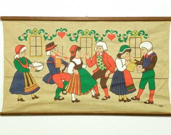 vintage party scene wall hanging . ethnic Swedish style printed fabric art . signed HILL