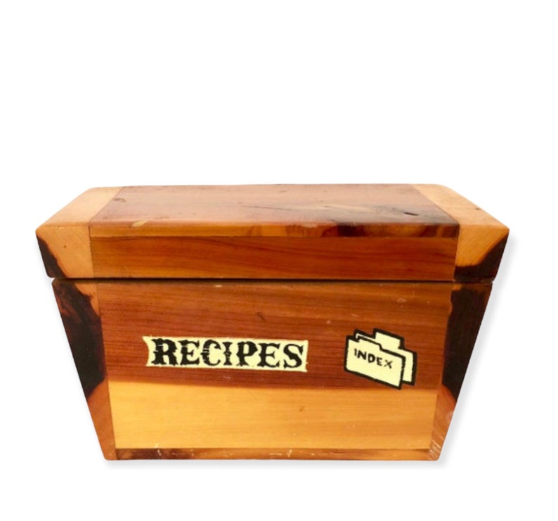 Angular wooden recipe box 1940s 1950s Great for treasured recipes Perfect housewarming gift Cedar wood image 1