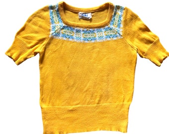 Vintage Sunny Yellow niki Brand Fair Isle Summer Ski Lodge Short-Sleeved Sweater, X-Small/Small