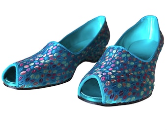 May include: A pair of turquoise blue peep-toe shoes with a colorful floral pattern.