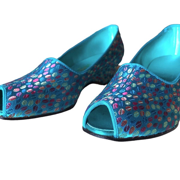 Vintage 1950s-1960s Embroidered Turquoise Satin Daniel Green Boudoir Slippers Shoes 6.5-7